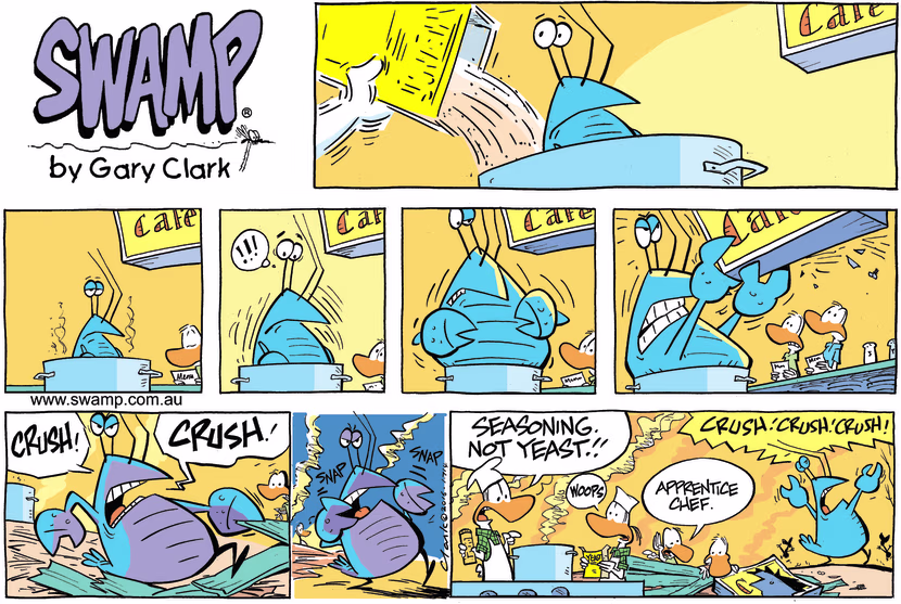 Apprentice Chef was told to add seasoning to the pot simmering Bob Crayfish but he added yeast and now there's a giant Bob. Swamp Cartoon - He Added YeastMarch 24, 2024